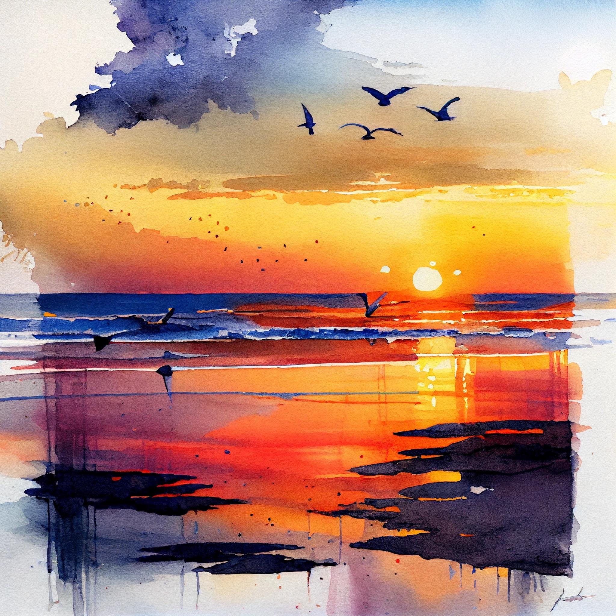 watercolor painting sunset